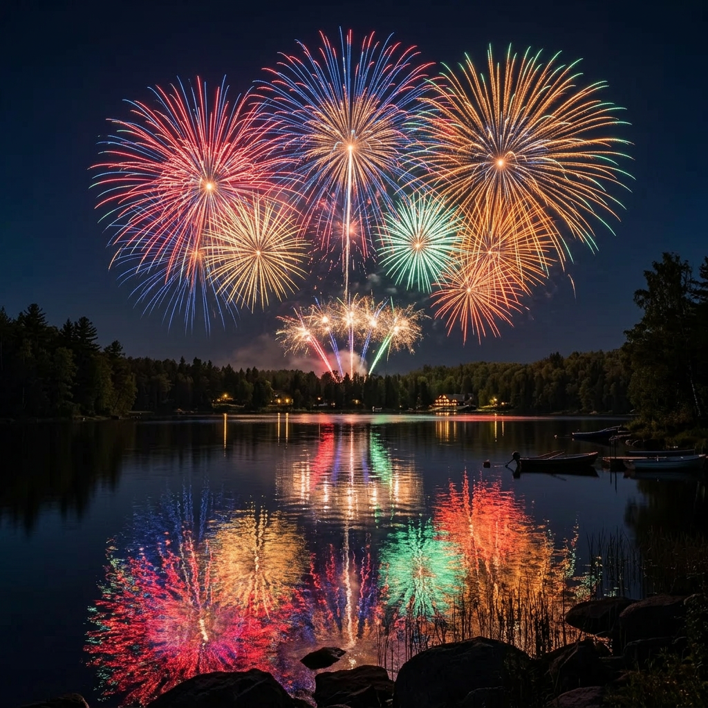 Multicolored fireworks bursting in night sky over a lake reflecting colors
