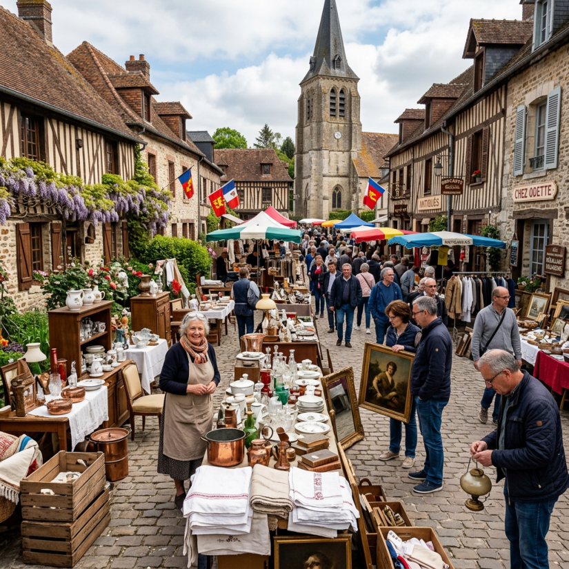 Brocante de Canton Street market with people browsing antiques and vintage items in a historic village